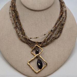 Chicos Geometric Gold Tone Pendant With Brown Glass Stones Boho Natural 16-18"